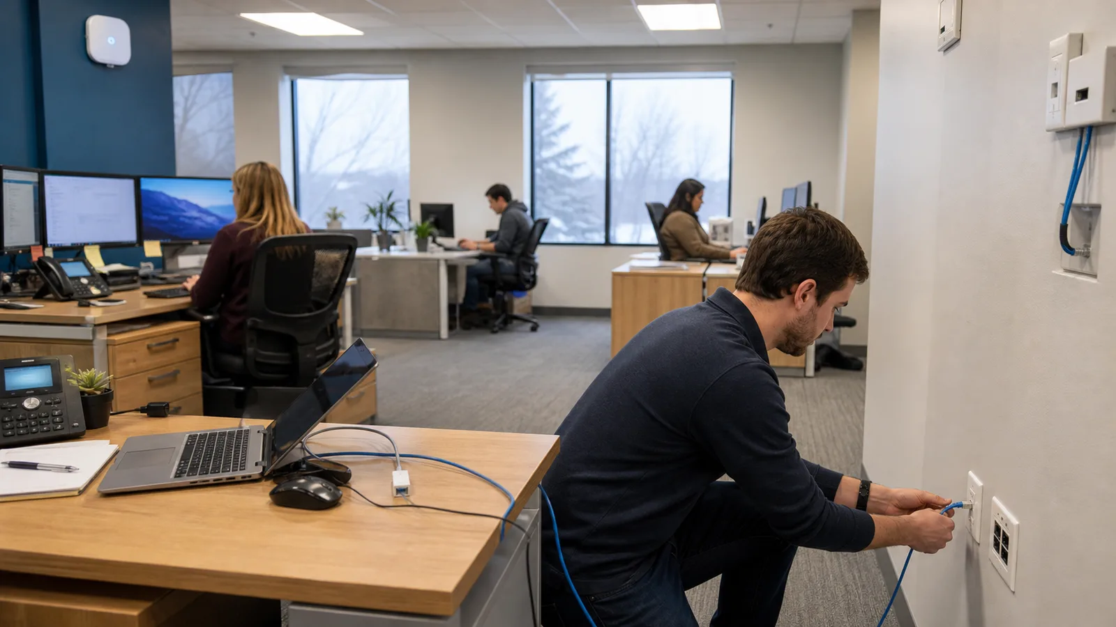 Office desks and devices connected to the same business network